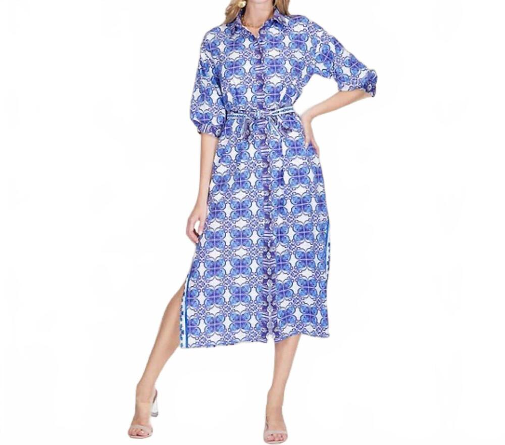 NEW JADE damask maxi shirt dress in blue